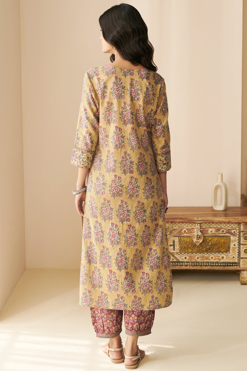 Mustard Hand Block Printed Straight Cotton Slub Kurta