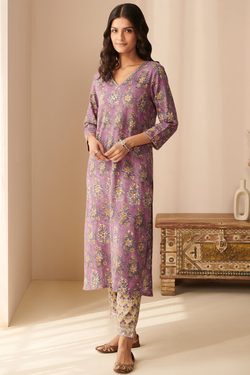 Purple Hand Block Printed Straight Cotton Slub Kurta