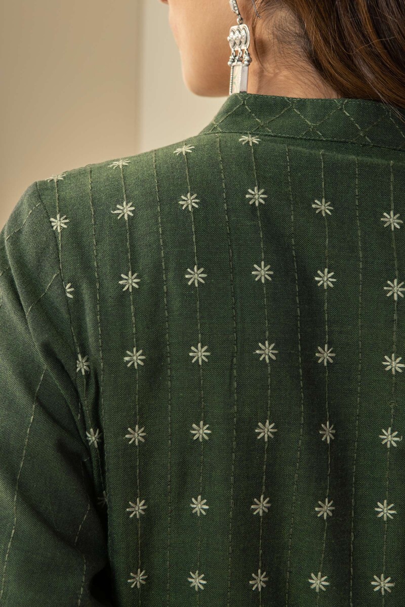 Green Handcrafted Handloom Long Jacket