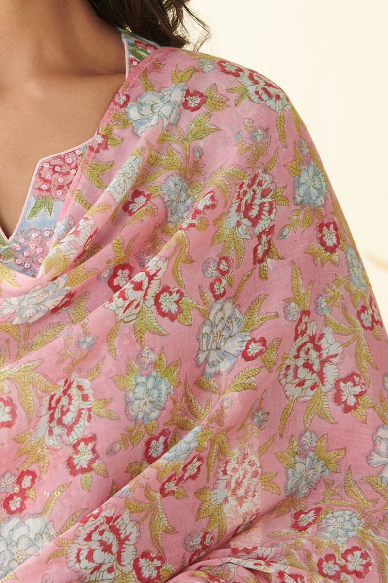 Pink Hand Block Printed Cotton Mul Dupatta