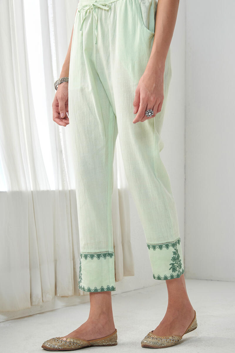 Green Handcrafted Cotton Narrow Pants