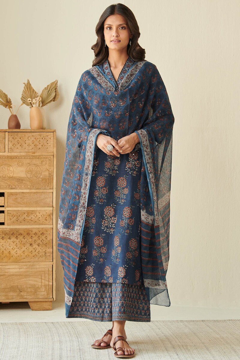 Indigo Hand Block Printed Kota Dupatta