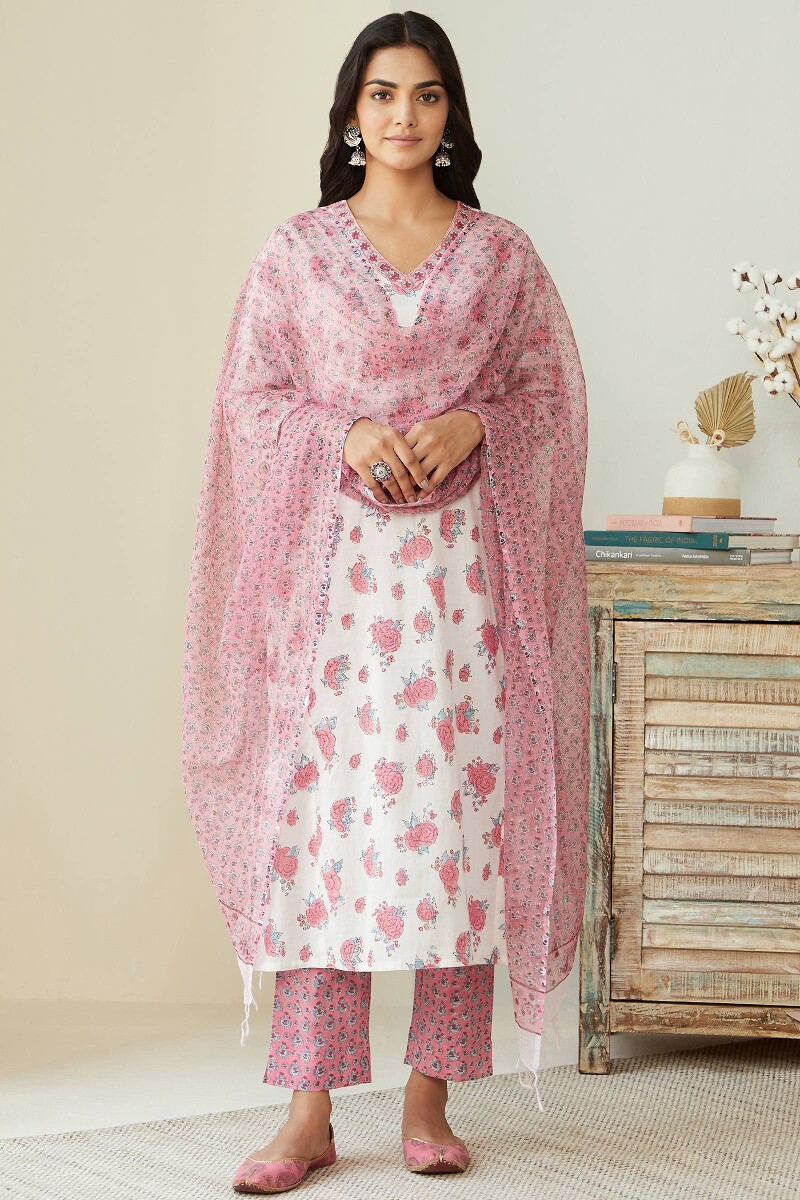 White Hand Block-Printed Straight Cotton Kurta