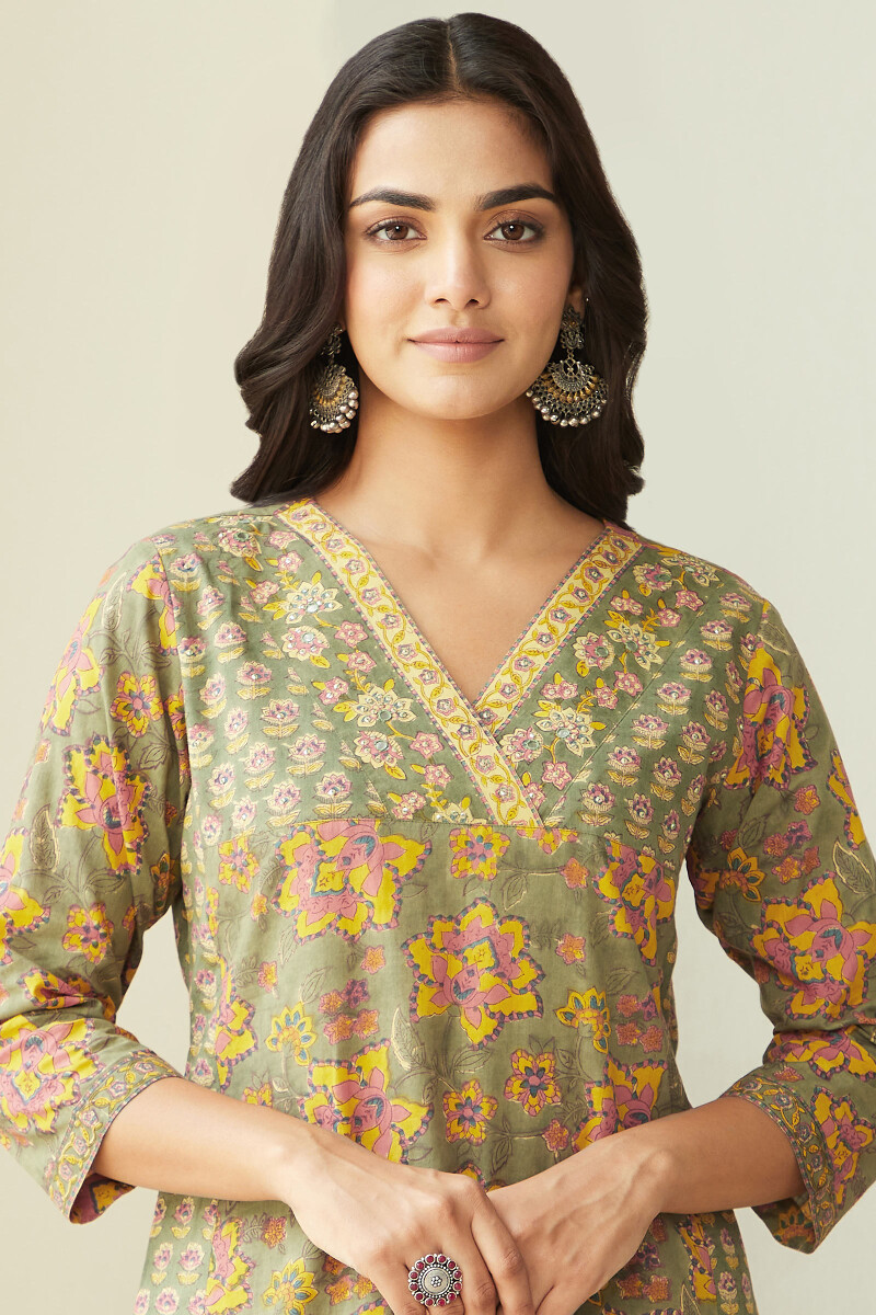 Green Hand Block-Printed Straight Cotton Kurta