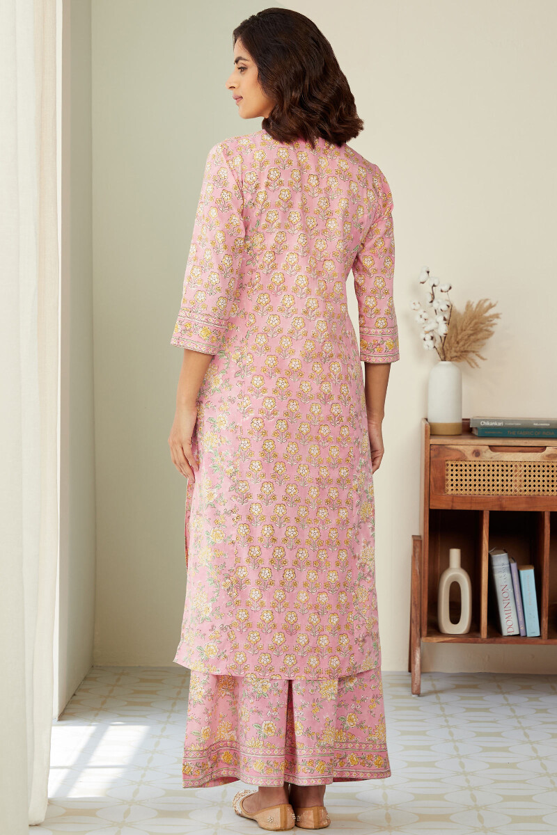 Pink Hand Block-Printed Straight Cotton Kurta