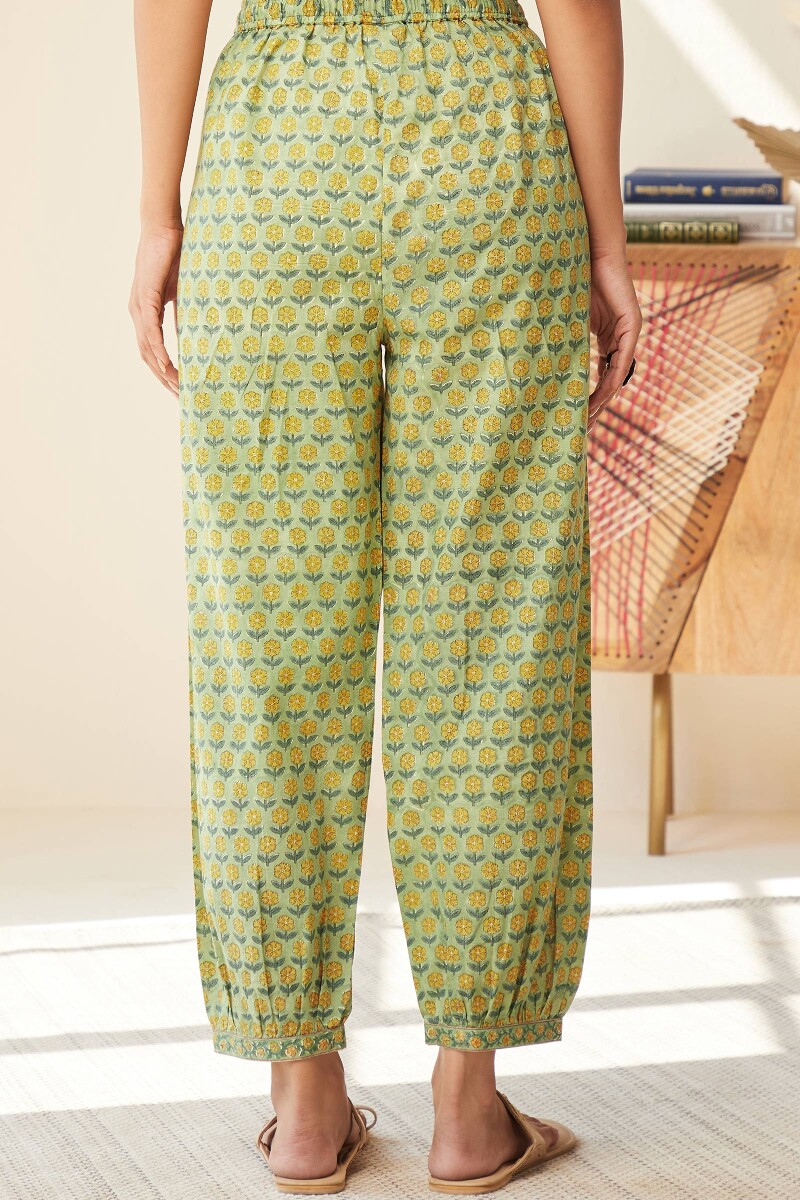 Green Hand Block-Printed Cotton Izhaar Pants