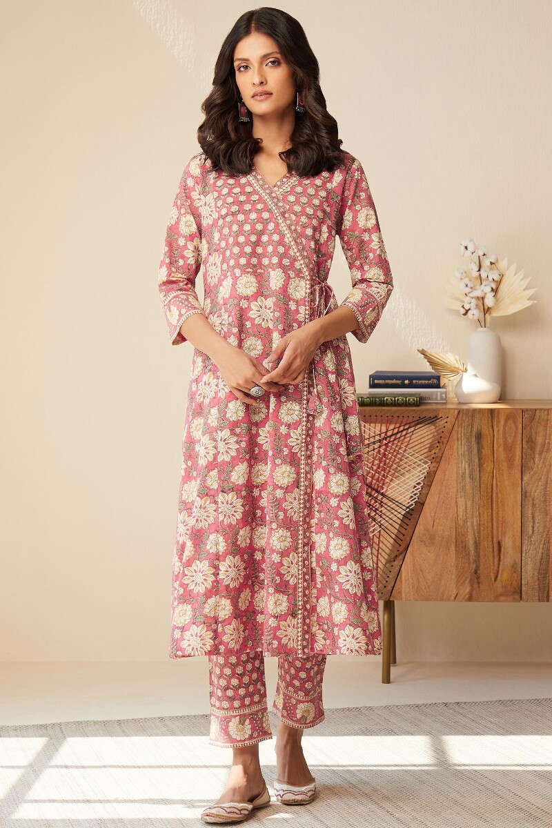 Pink Hand Block-Printed Angrakha Cotton Kurta