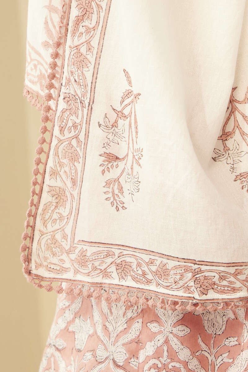 White Hand Block-Printed Cotton Mul Dupatta