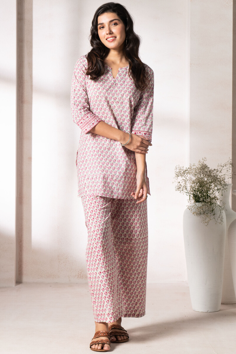 Pink Block Printed Cotton Pyjama Set