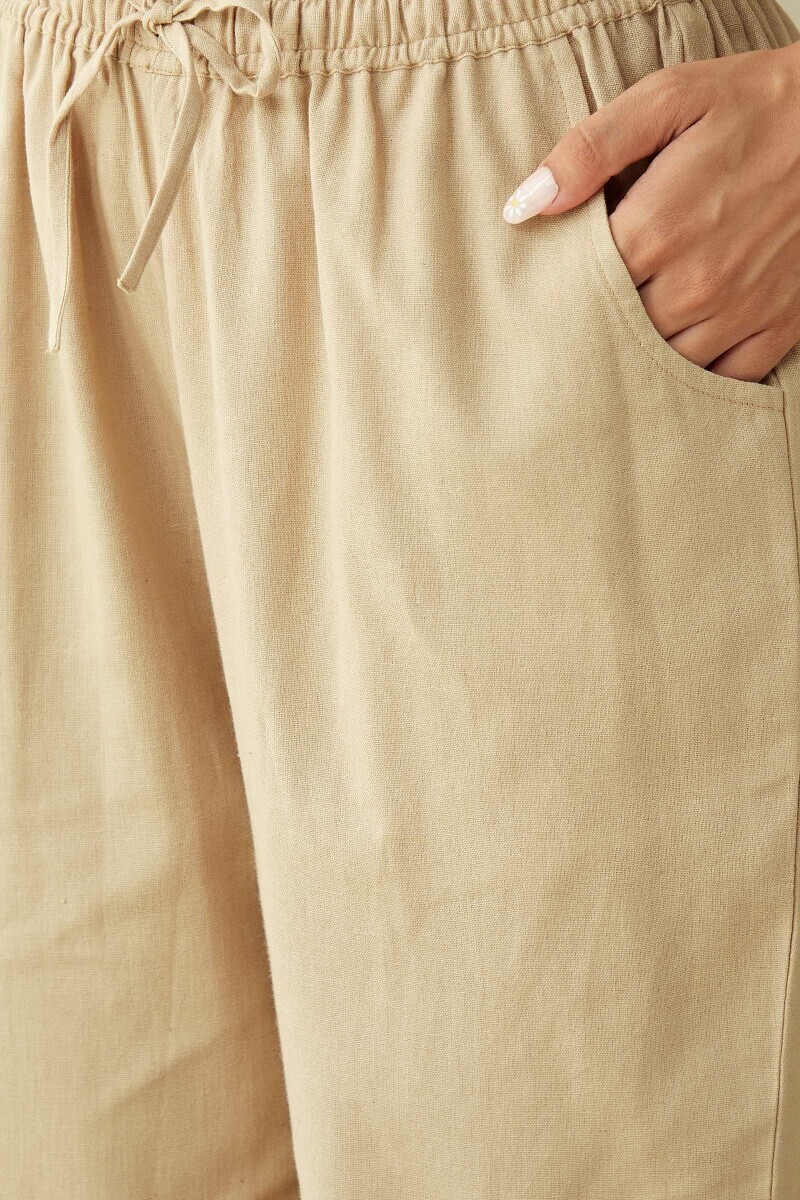 Beige Handcrafted Cotton Flax Narrow Pants