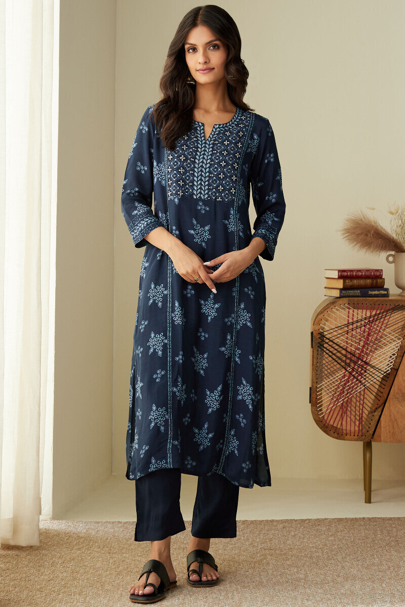 Blue Printed Straight Viscose Kurta