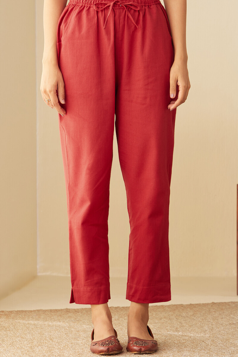 Red Handcrafted Cotton Flax Narrow Pants