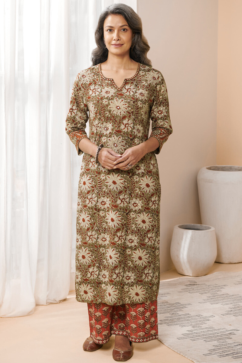 Brown Hand Block Printed Straight Cotton Kurta