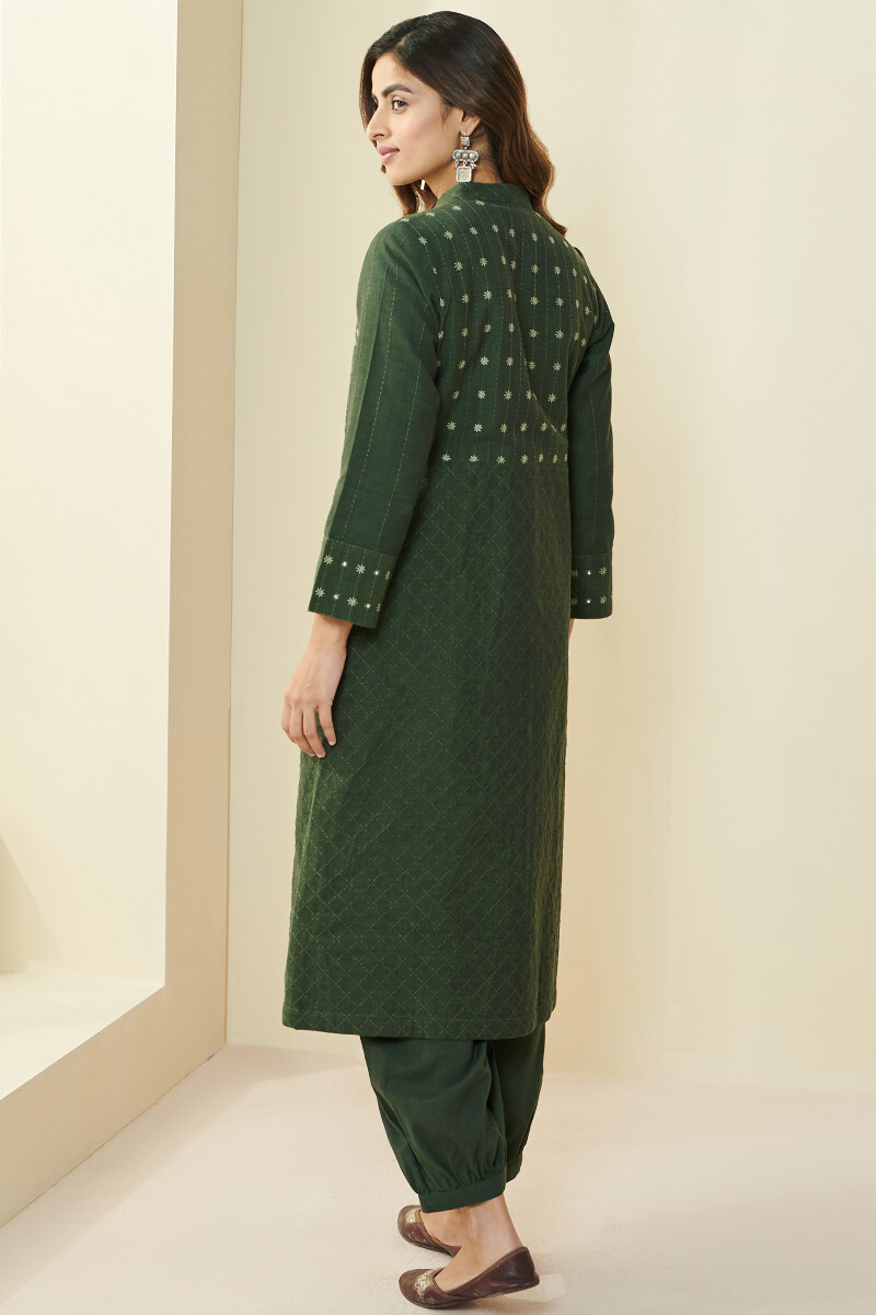 Green Handcrafted Handloom Long Jacket