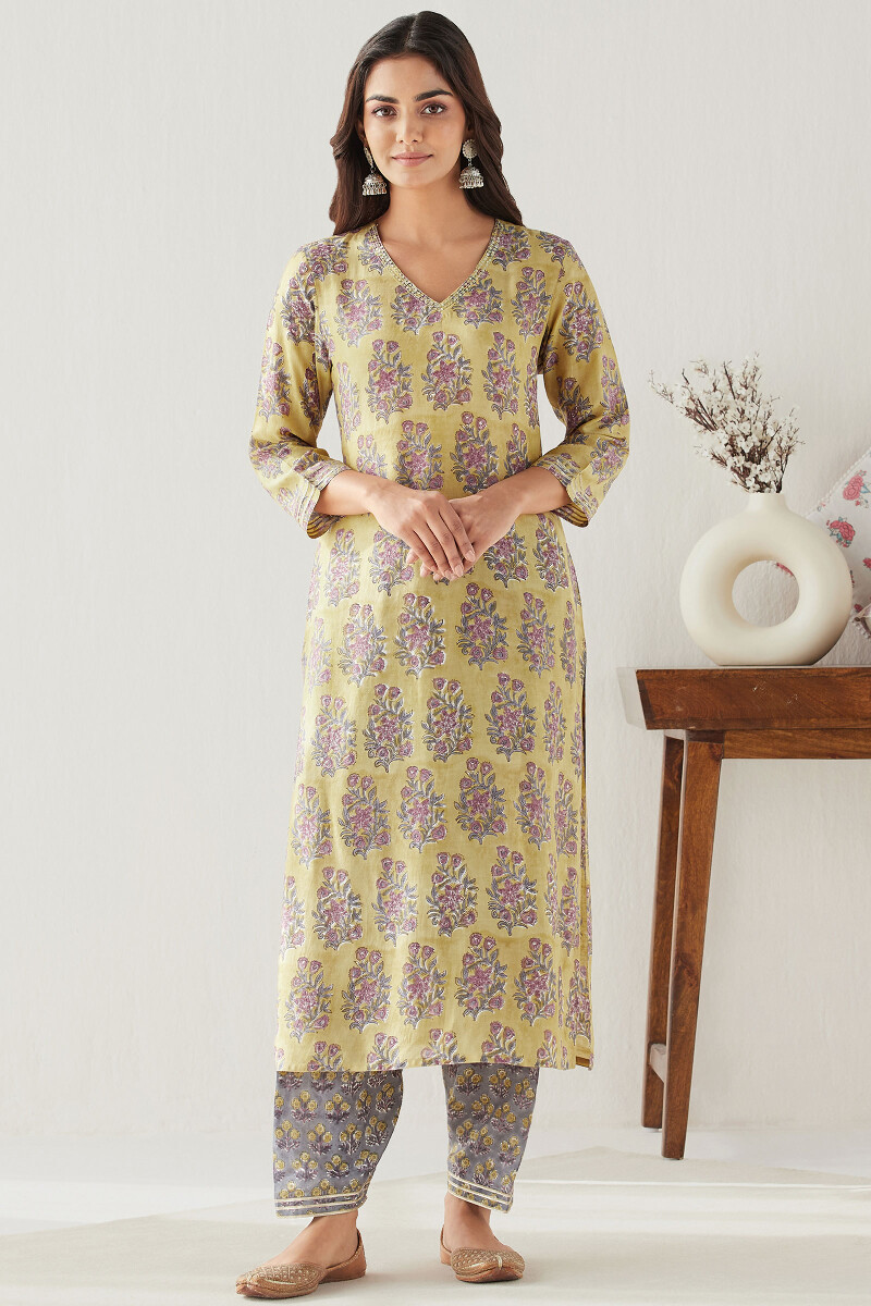 Mustard Hand Block Printed Straight Modal Kurta