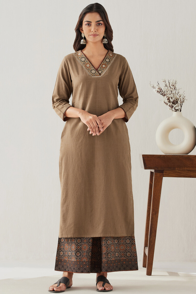 Brown Handcrafted Straight Handloom Kurta