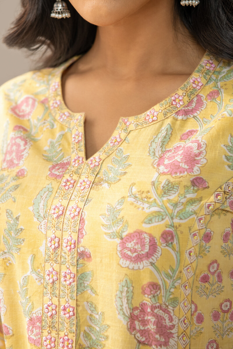 Yellow Hand Block Printed Straight Cotton Slub Kurta