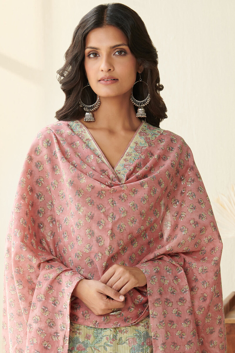 Pink Hand Block Printed Cotton Mul Dupatta