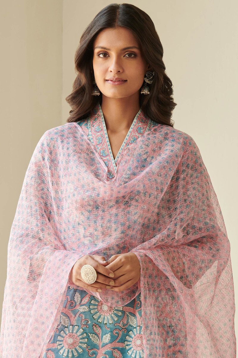 Pink Block Printed Kota Dupatta