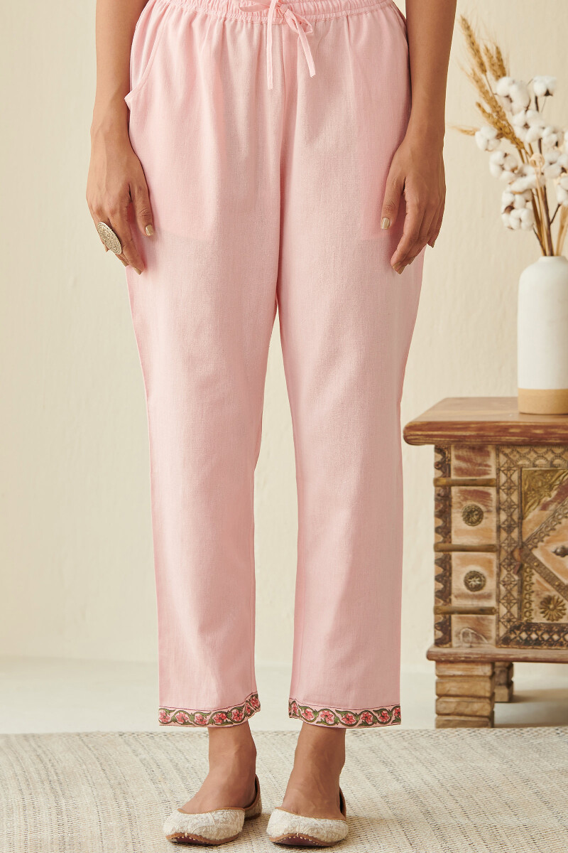 Pink Hand Block Printed Cotton Flax Narrow Pants