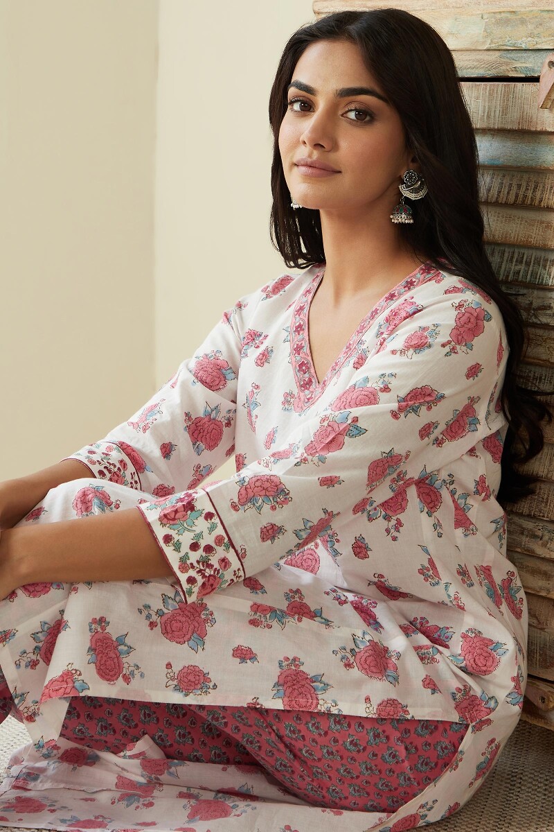 White Hand Block-Printed Straight Cotton Kurta