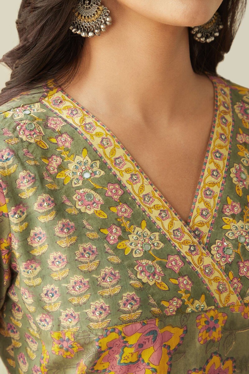 Green Hand Block-Printed Straight Cotton Kurta