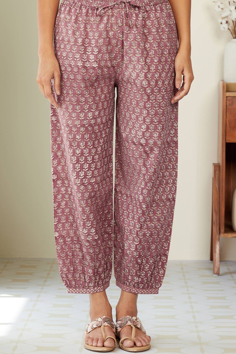 Purple Hand Block-Printed Cotton Izhaar Pants