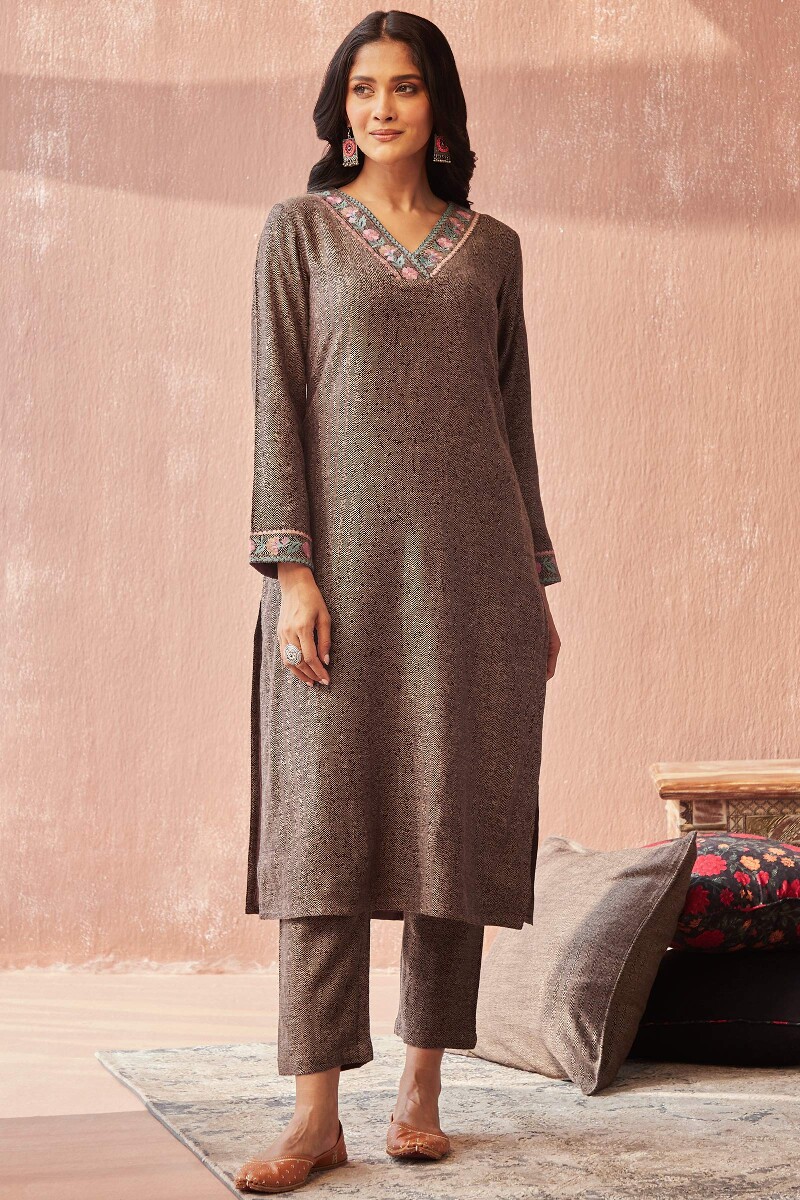 Brown Handcrafted Straight Faux Wool Kurta