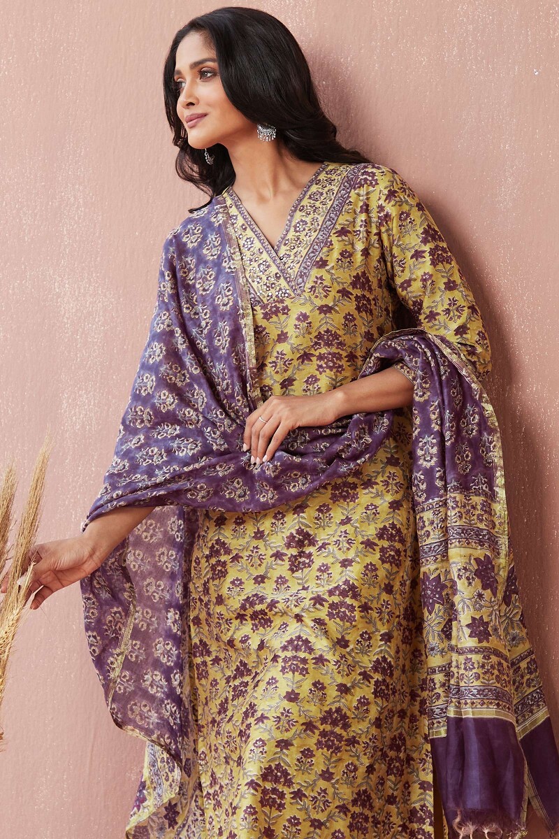 Yellow Hand Block-Printed Straight Chanderi Kurta