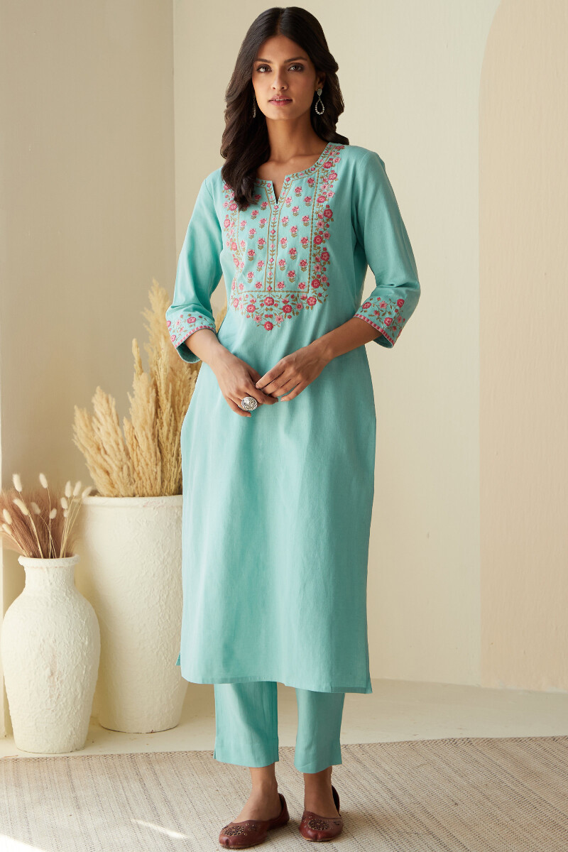 Blue Handcrafted Straight Cotton Flax Kurta