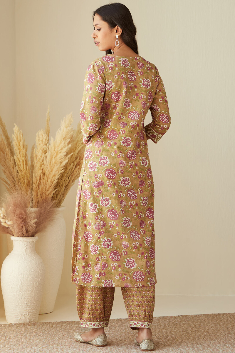 Mustard Hand-Printed Straight Cotton Slub Kurta