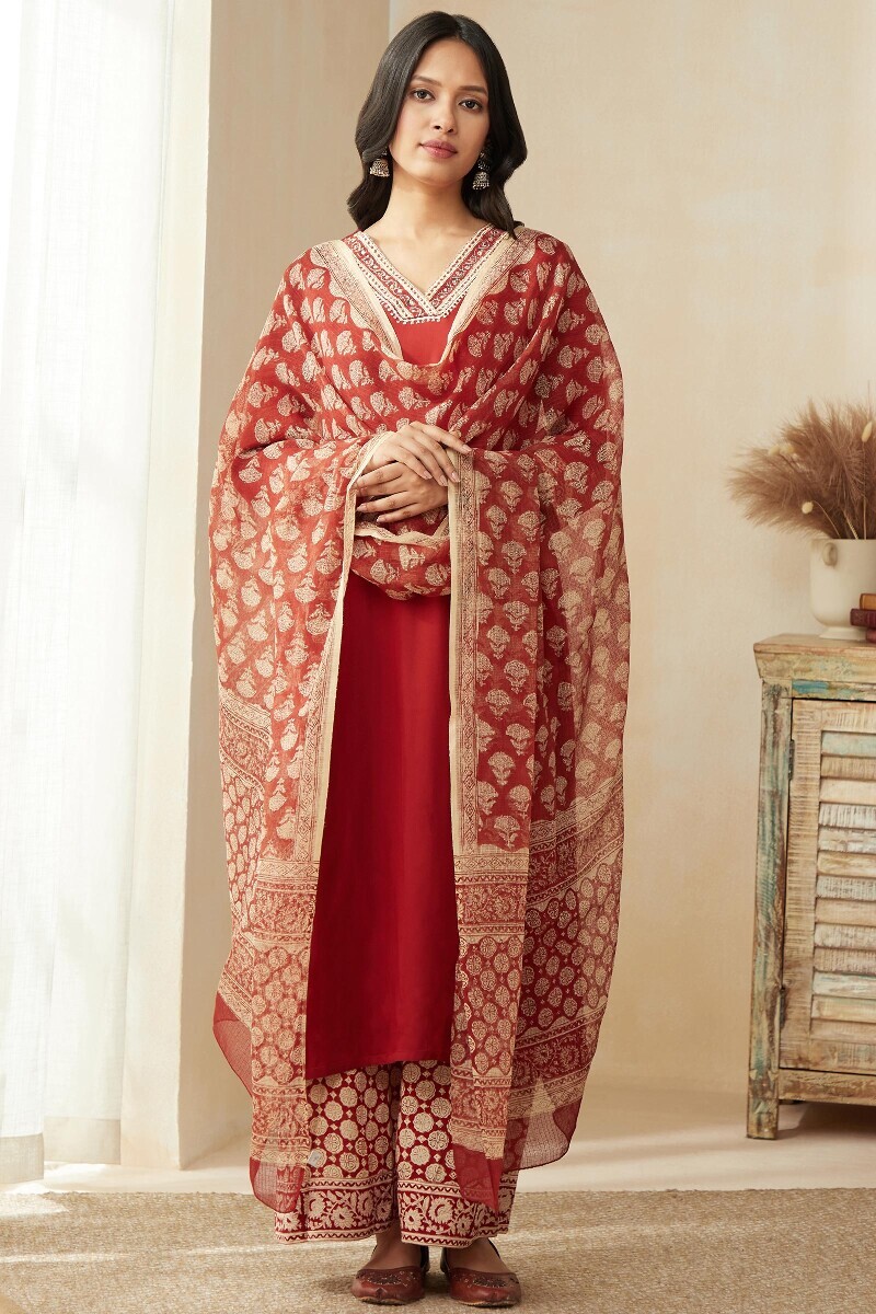 Red Handcrafted Straight Viscose Kurta