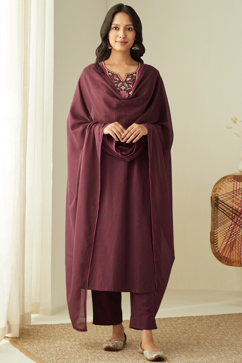 Purple Handcrafted Straight Cotton Flax Kurta