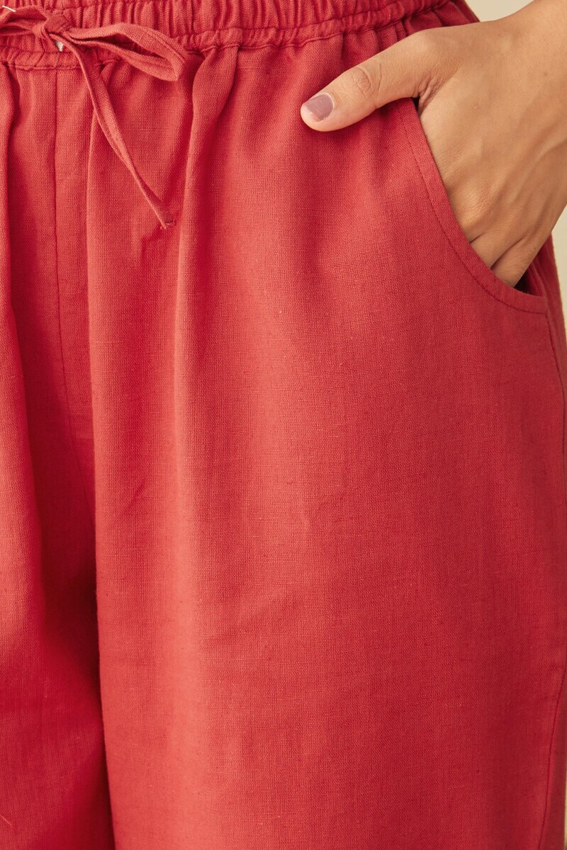 Red Handcrafted Cotton Flax Narrow Pants