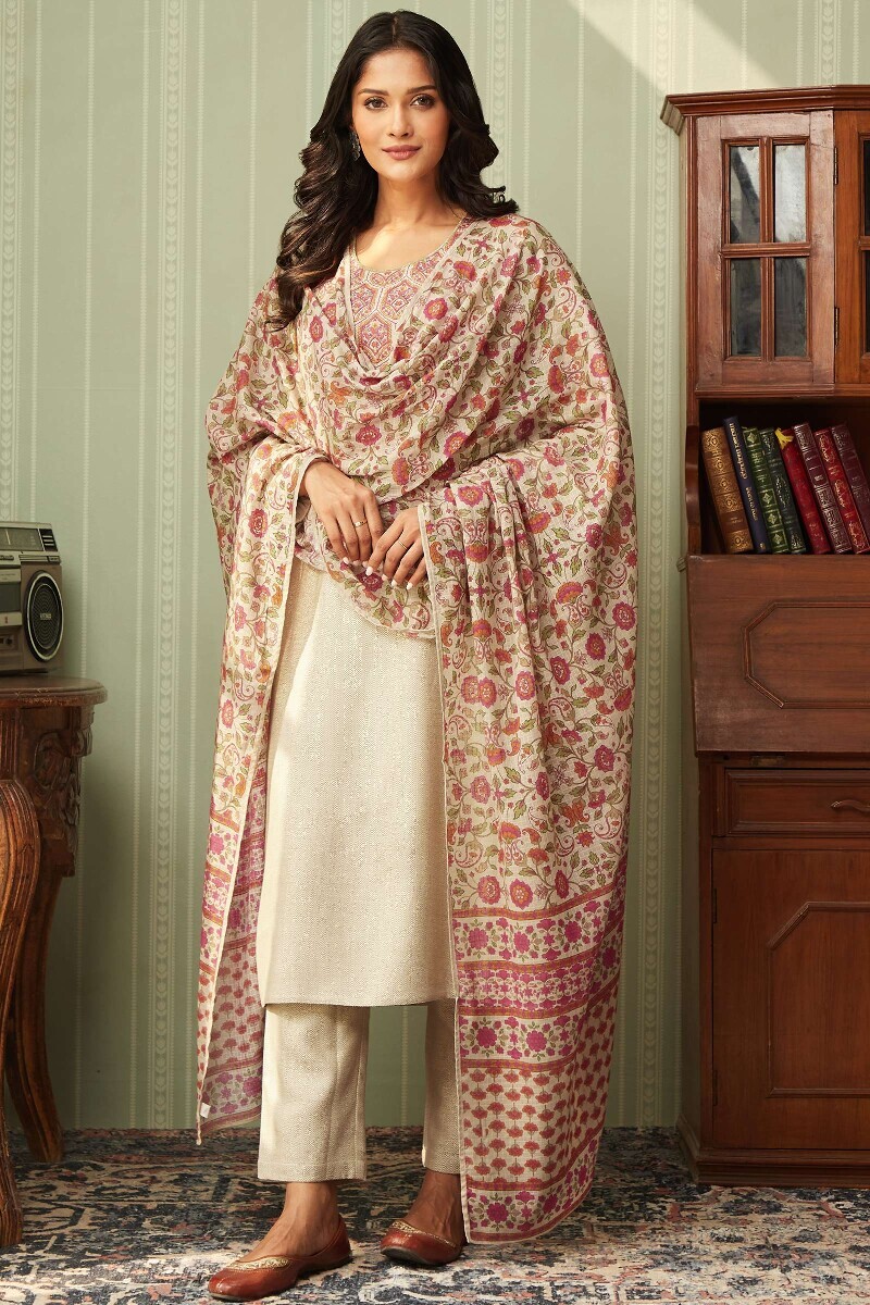 Beige Handcrafted Faux Wool Narrow Pants