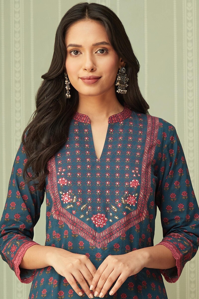 Blue Printed Straight Cotton Kurta