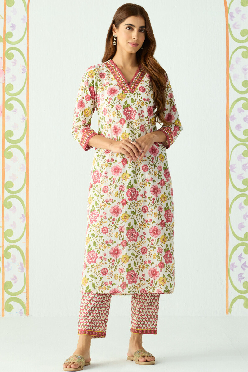 White Hand Printed Straight Cotton Dobby Kurta
