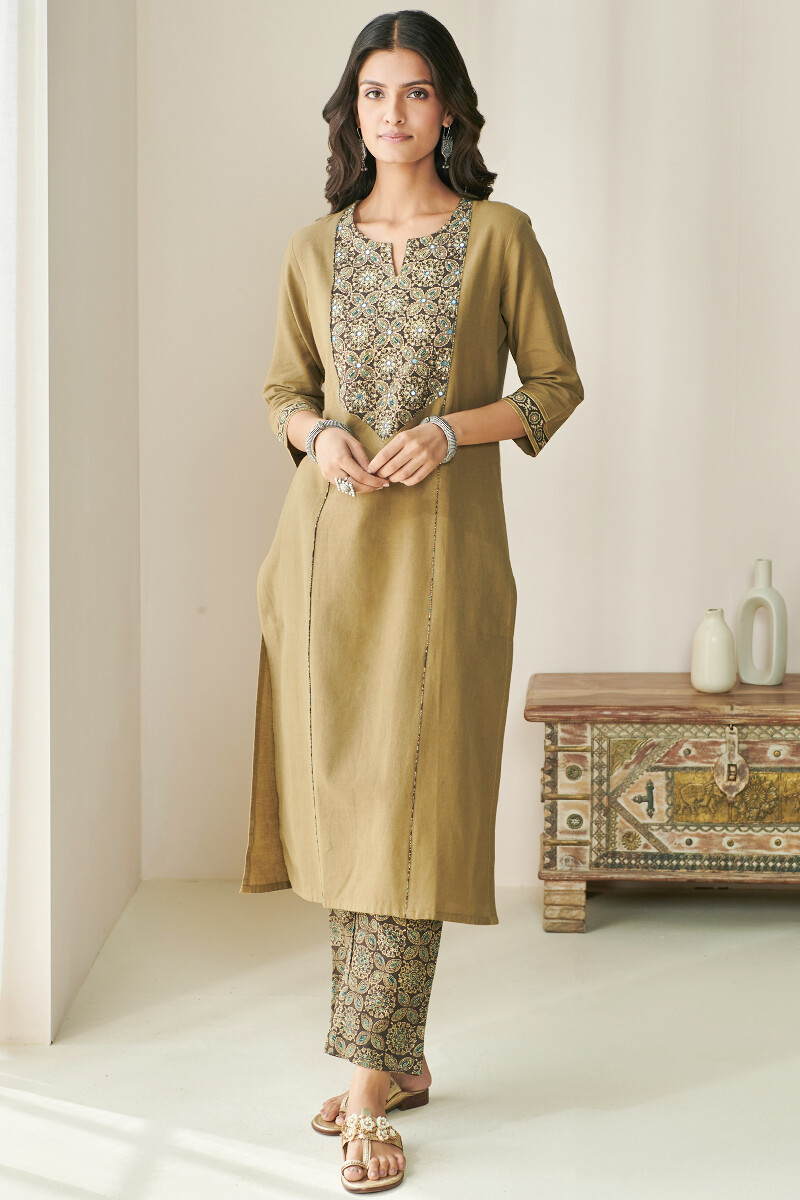 Olive Green Hand Block Printed Straight Handloom Kurta