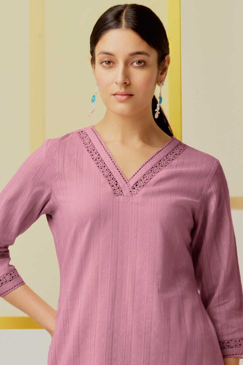 Mauve Handcrafted Straight Ram Buta Kurta