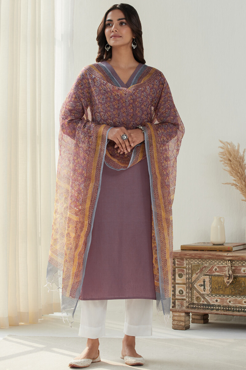 Purple Handcrafted Straight Handloom Kurta