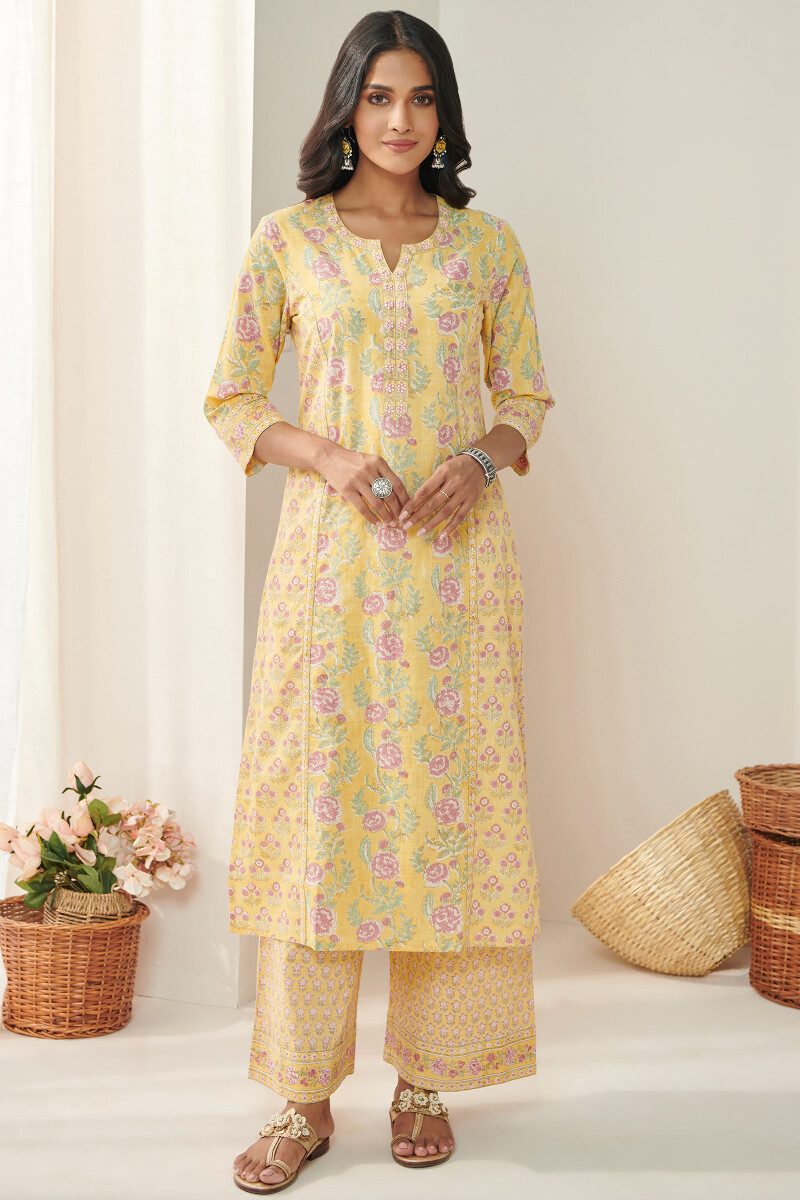 Yellow Hand Block Printed Straight Cotton Slub Kurta