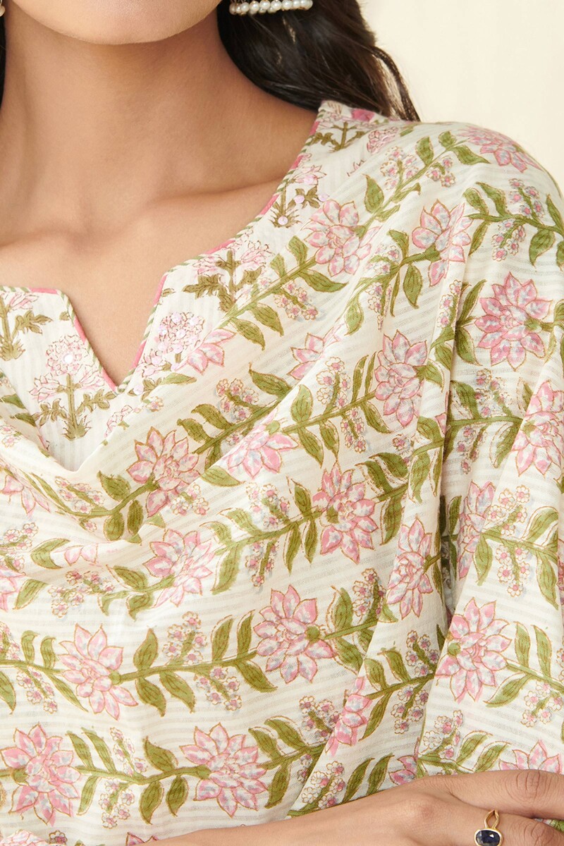 Off-White Hand Block Printed Cotton Dobby Dupatta