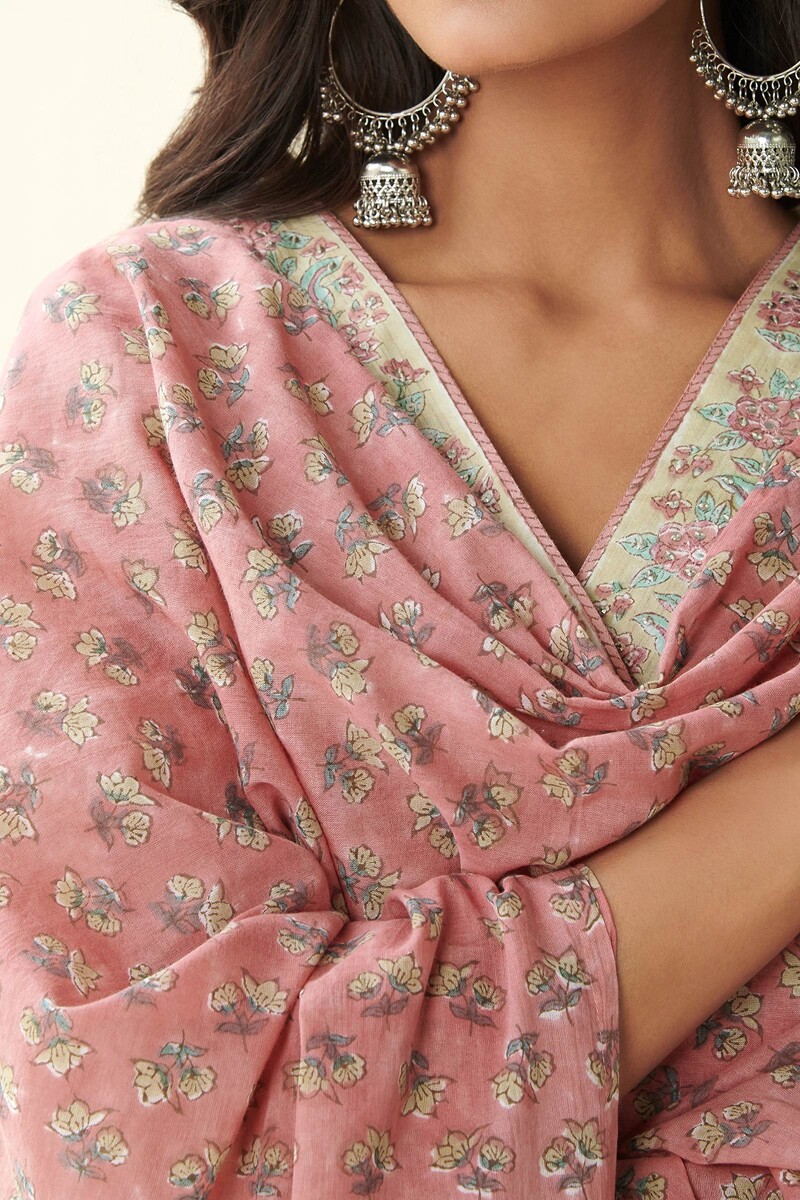 Pink Hand Block Printed Cotton Mul Dupatta