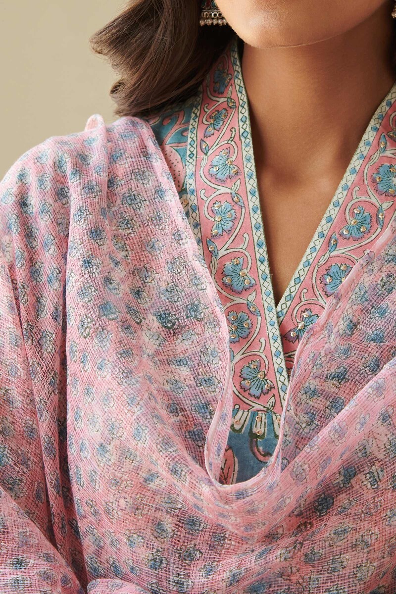 Pink Block Printed Kota Dupatta