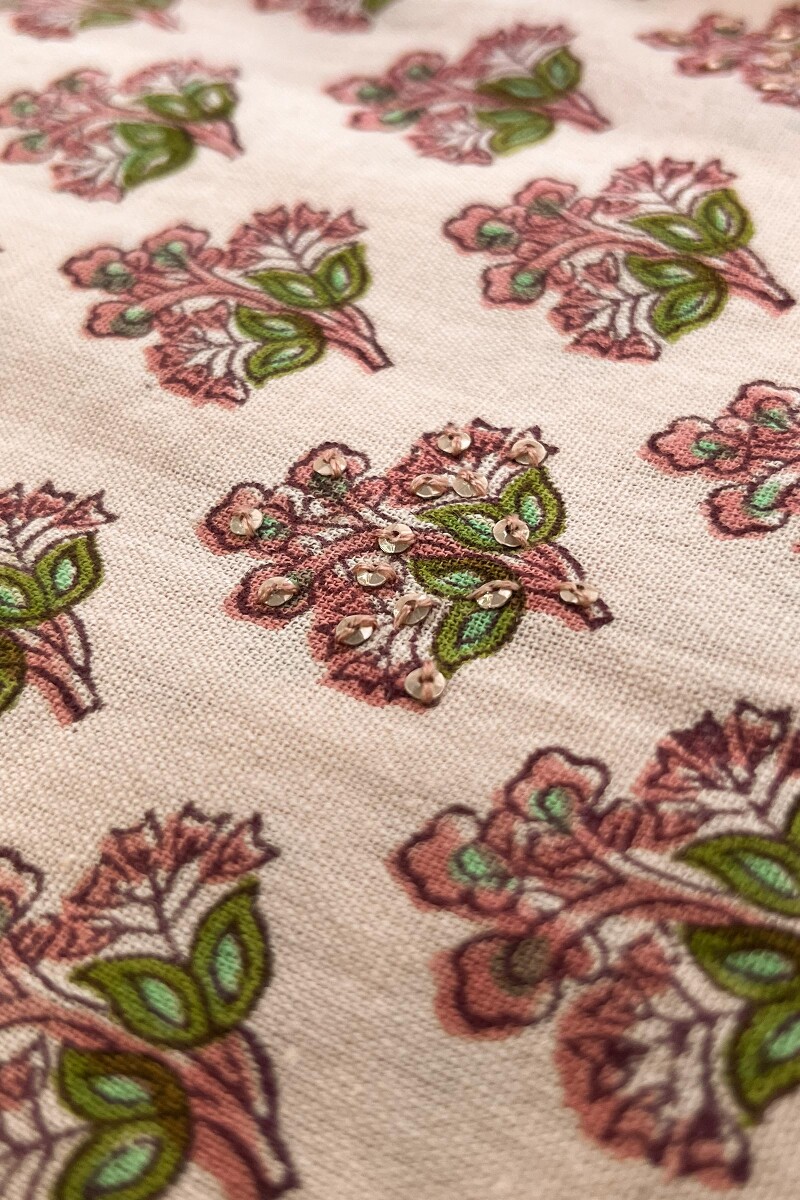 Pink Block Printed Straight Cotton Flax Kurta