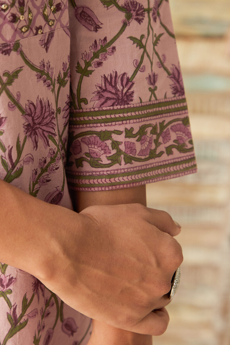 Pink Block Printed Straight Cotton Kurta