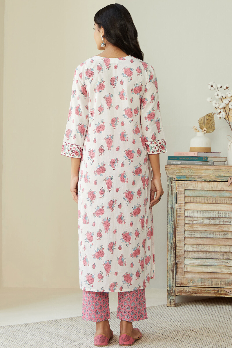 White Hand Block-Printed Straight Cotton Kurta