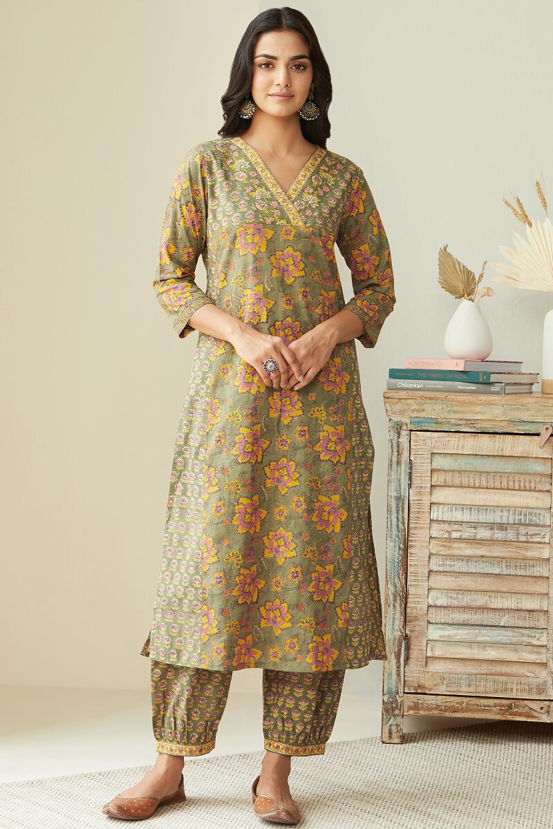 Green Hand Block-Printed Straight Cotton Kurta