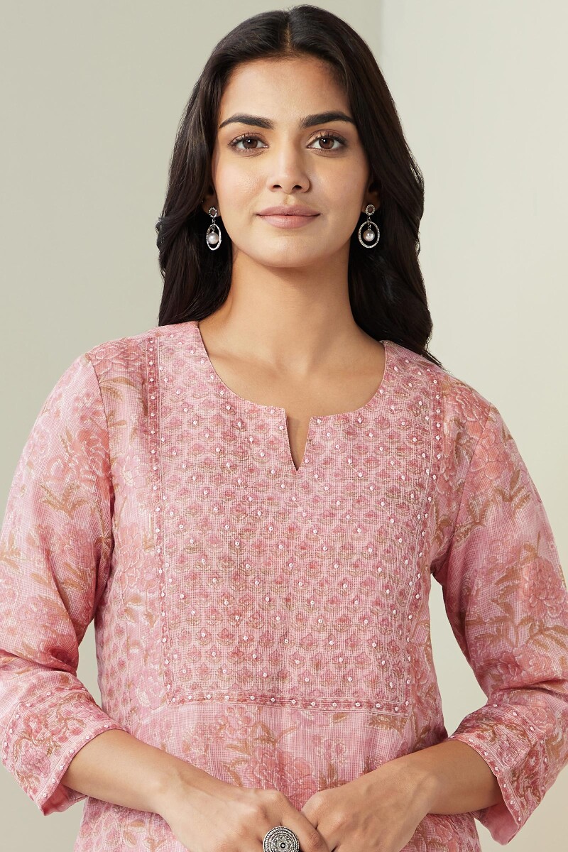 Pink Hand Block-Printed Straight Kota Kurta