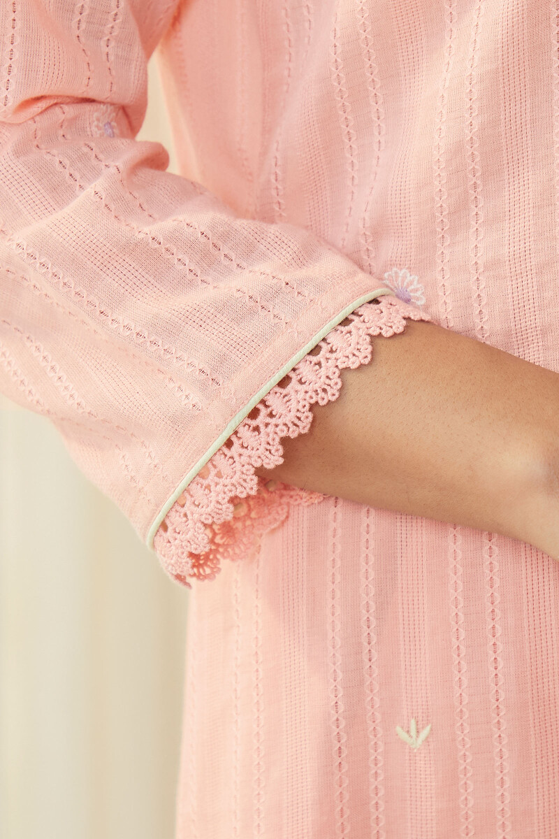 Peach Handcrafted Straight Cotton Dobby Kurta